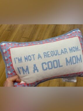 Embroidered Needlepoint Pillow — Pink & Light Blue